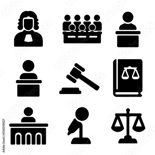 Historical Trials Icons. Solid, filled icon set of historical trials: judge, jury, witness stand, defendant, gavel, law book,