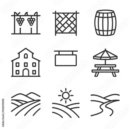 Vineyard Icon Set. Outline icon set of vineyard landscape: grapevine row, trellis, wine barrel, winery building, tasting room sign