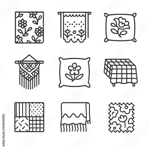 Vintage Textile Icons. Outline icon set of vintage textiles and patterns: floral wallpaper, lace curtain, tapestry cushion, macram