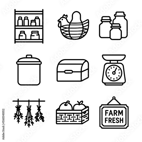 Vintage Pantry Icons. Outline icon set of vintage pantry storage décor: open shelving, wire egg basket, apothecary jars, flour