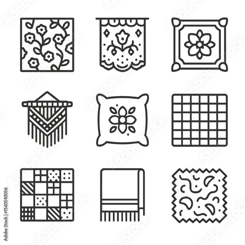Vintage Textile Icons. Outline icon set of vintage textiles and patterns: floral wallpaper, lace curtain, tapestry cushion, macram