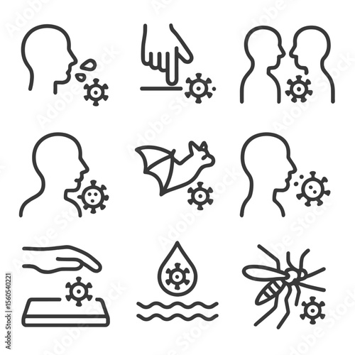 Virus Transmission Icons. Outline icon set of virus transmission modes: airborne droplet, surface touch, close contact,