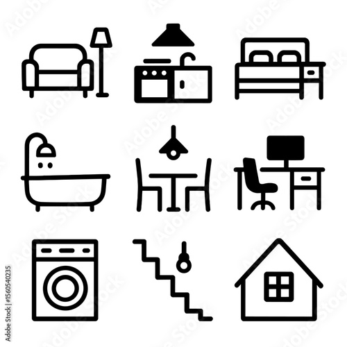 Home Rooms Icon Set. Solid, filled icon set of home rooms: living room, kitchen, bedroom, bathroom, dining room, home office,