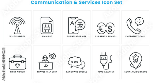 Comprehensive Communication and Services Icon Set for Modern Connectivity: Wi-Fi, SIM Cards, Translation, Currency, and More