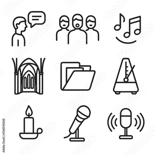Vocal Ensemble Icon Set. Outline icon set of vocal ensemble practice: vocal coach, choral group, vocal warm-up notes, cathedral