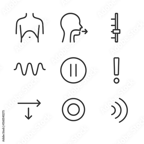 Vocal Techniques Symbols. Outline icon set of vocal techniques: diaphragm icon, breath flow, pitch slider, modulation waveform,