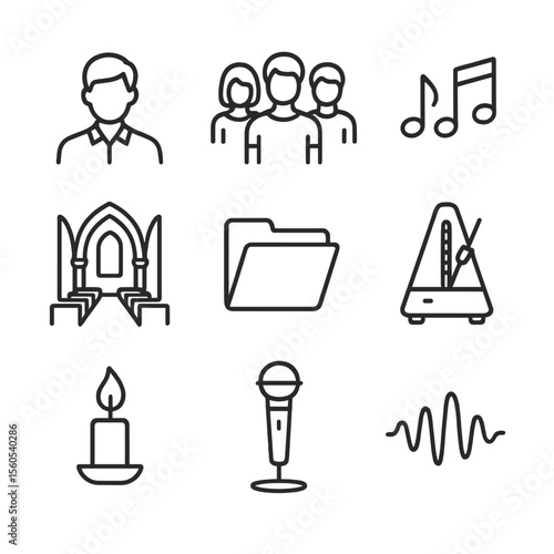 Vocal Ensemble Icon Set. Outline icon set of vocal ensemble practice: vocal coach, choral group, vocal warm-up notes, cathedral