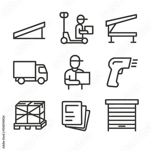 Warehouse Dock Icons. Outline icon set of warehouse receiving dock operations: loading ramp, pallet jack, dock leveler, incoming