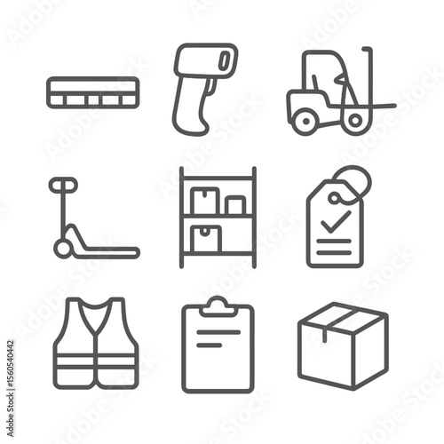 Warehouse Inventory Icons. Outline icon set of warehouse inventory essentials: pallet, barcode scanner, forklift, pallet jack,