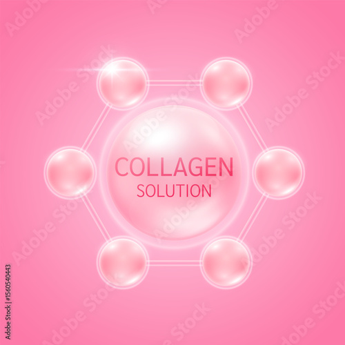 Collagen solution in molecules atom pink. For design cosmetics products. Vitamins complex from nature. Medical health care skin protection. 3D Vector EPS10.