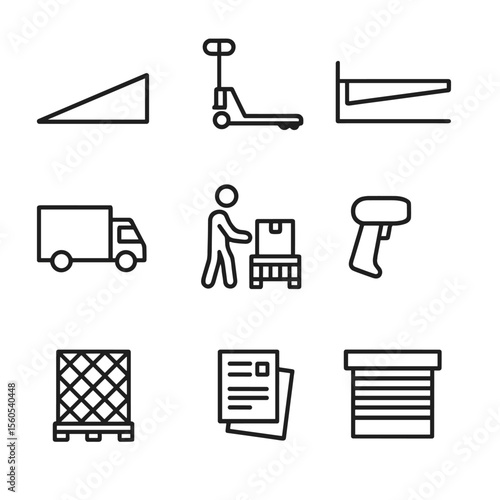 Warehouse Operations Icons. Outline icon set of warehouse receiving dock operations: loading ramp, pallet jack, dock leveler,