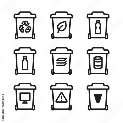 Waste Sorting Icons. Outline icon set of waste sorting systems: recycling bin, compost bin, plastic bin, glass bin, paper bin,