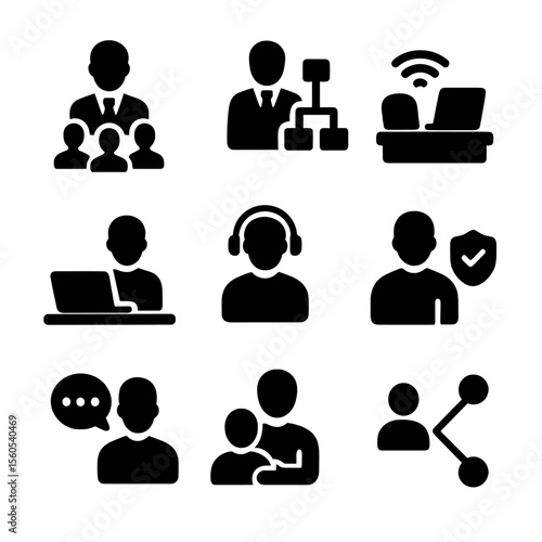 Hybrid Team Icons. Solid, filled icon set of hybrid team roles and dynamics: team lead, project manager, remote worker, office
