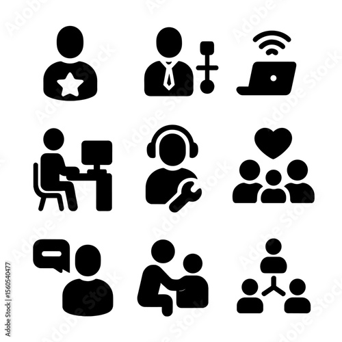 Hybrid Team Icons. Solid, filled icon set of hybrid team roles and dynamics: team lead, project manager, remote worker, office