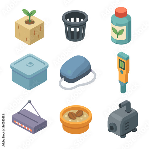 Hydroponic Icons Collection. Isometric Flat icon set of hydroponic seed germination: rockwool cube, net pot, nutrient solution