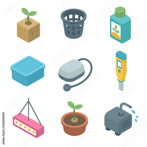 Hydroponic Icons Collection. Isometric Flat icon set of hydroponic seed germination: rockwool cube, net pot, nutrient solution
