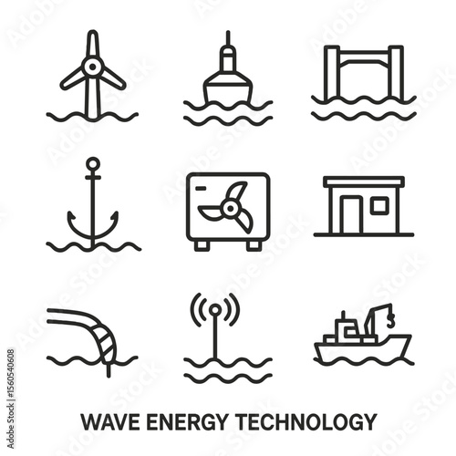 Wave Energy Icons. Outline icon set of Wave energy technology: tidal turbine, wave buoy, floating platform, generator, mooring