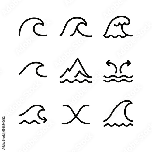 Wave Form Icons. Outline icon set of Wave forms and motions: swell, breaker, whitecap, trough, crest, rip current, undertow,