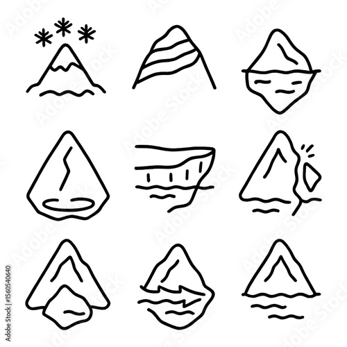 Iceberg Formation Icons. Outline icon set of iceberg formation process: snowfall, compaction, glacier flow, crevasse, ice shelf,