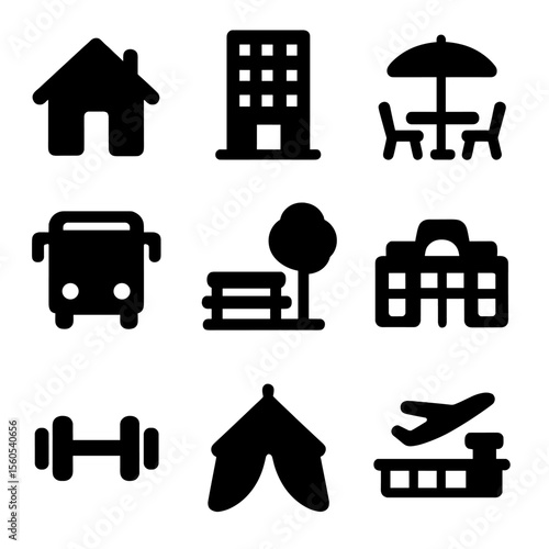 Iconic Everyday Scenes. Solid, filled icon set of persona context and environment: home icon, office building, cafe table,
