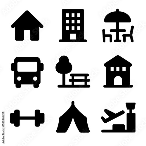 Iconic Everyday Scenes. Solid, filled icon set of persona context and environment: home icon, office building, cafe table,