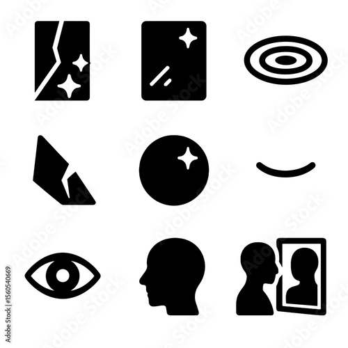 Iconic Reflections Grid. Solid, filled icon set of reflections and glances: mirror fragment, shiny surface, water ripple, glass
