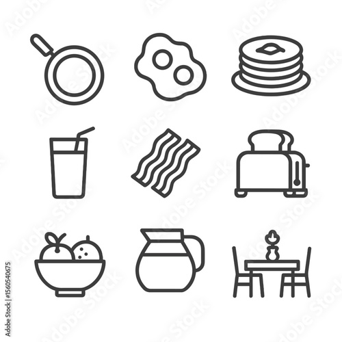 Weekend Brunch Icons. Outline icon set of weekend family brunch: frying pan, scrambled eggs, stack of pancakes, orange juice glass