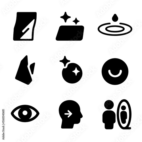 Iconic Reflections Grid. Solid, filled icon set of reflections and glances: mirror fragment, shiny surface, water ripple, glass