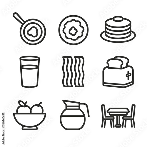 Weekend Brunch Icons. Outline icon set of weekend family brunch: frying pan, scrambled eggs, stack of pancakes, orange juice glass