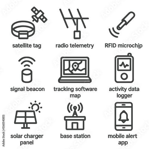Wildlife Tracking Icons. Outline icon set of wildlife tracking technologies: satellite tag, radio telemetry antenna, RFID