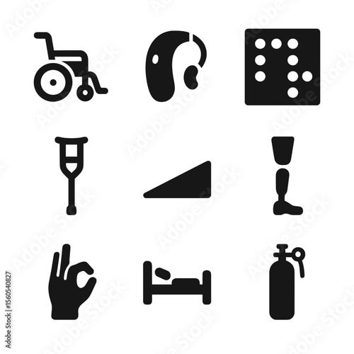 Inclusive Medical Icons. Solid, filled icon set of inclusive medical equipment: adjustable wheelchair, hearing aid, braille chart,