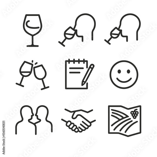 Wine Tasting Icons. Outline icon set of tasting moments: swirl glass, sniff aroma, sip wine, clinking glasses, tasting notes,