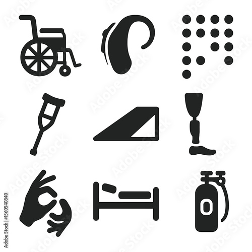 Inclusive Medical Icons. Solid, filled icon set of inclusive medical equipment: adjustable wheelchair, hearing aid, braille chart,