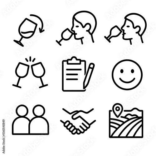 Wine Tasting Icons. Outline icon set of tasting moments: swirl glass, sniff aroma, sip wine, clinking glasses, tasting notes,