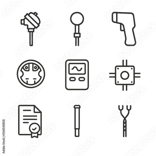 Industrial Sensor Icons. Outline icon set of industrial temperature sensors: thermocouple probe, RTD sensor, infrared pyrometer,