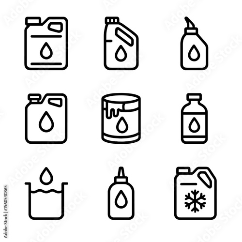 Industrial Liquid Icons. Outline icon set of industrial liquids: hydraulic fluid, coolant, lubricant oil, fuel oil, paint, solvent