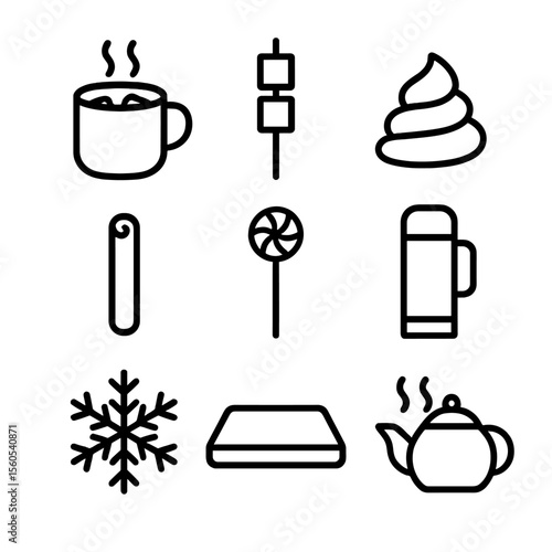 Winter Drink Icons. Outline icon set of winter drink station: hot cocoa mug, marshmallow skewer, whipped cream swirl, cinnamon