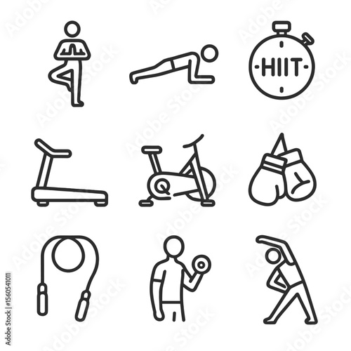 Workout Icon Set. Outline icon set of Workout style variations: yoga pose, plank silhouette, HIIT timer, treadmill, stationary
