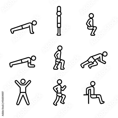 Workout Icon Set. Outline icon set of group workout exercises: push-up, burpee, squat jump, plank, lunge, mountain climber,