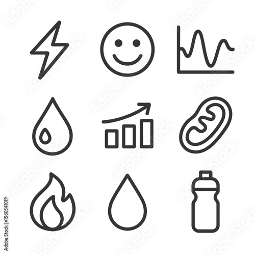 Workout Hormone Icons. Outline icon set of hormonal and metabolic reactions to workouts: adrenaline bolt, endorphin smile,