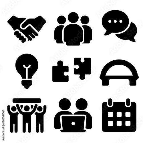 Intergenerational Collaboration Icons. Solid, filled icon set of intergenerational collaboration: handshake, group of people,