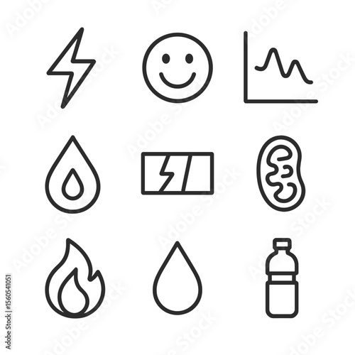 Workout Hormone Icons. Outline icon set of hormonal and metabolic reactions to workouts: adrenaline bolt, endorphin smile,