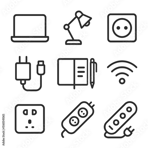 Workspace Icon Set. Outline icon set of Arranging workspace and electronics: laptop, desk lamp, power outlet, phone charger,