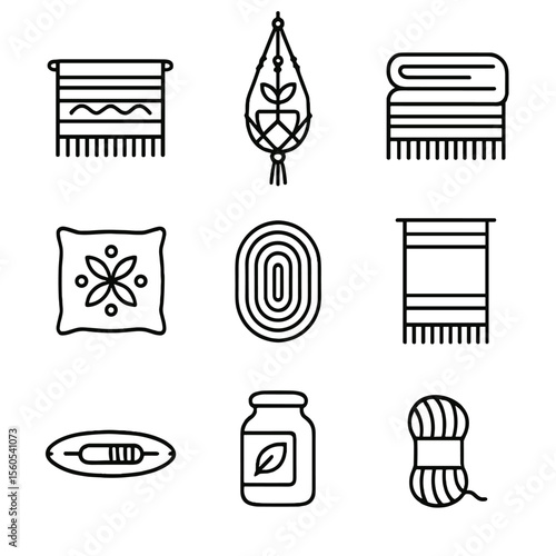 Woven Textile Icon Set. Outline icon set of woven textile home accents: wall tapestry, macramé plant hanger, hand-loomed throw,