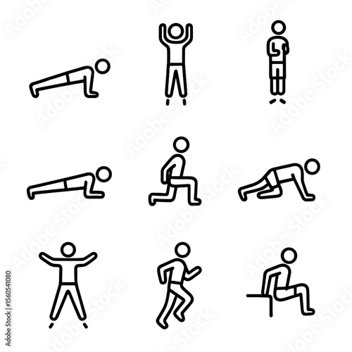 Workout Icon Set. Outline icon set of group workout exercises: push-up, burpee, squat jump, plank, lunge, mountain climber,