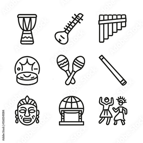 World Music Icons. Outline icon set of world music festival diversity: djembe drum, sitar instrument, pan flute, steel drum,