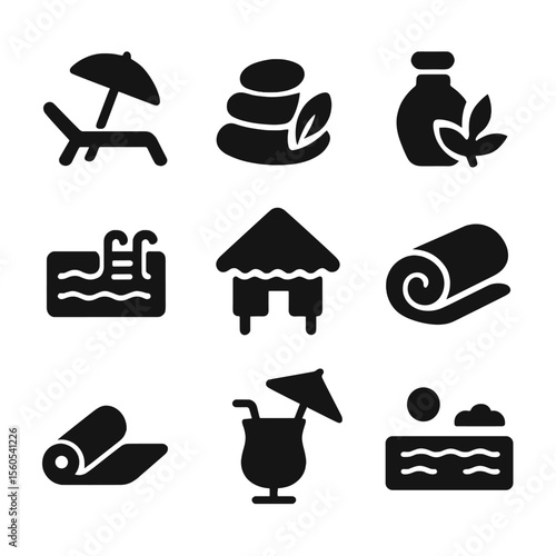 Island Resort Icons. Solid, filled icon set of island resorts and relaxation: beach lounger, spa stone, massage oil, pool,