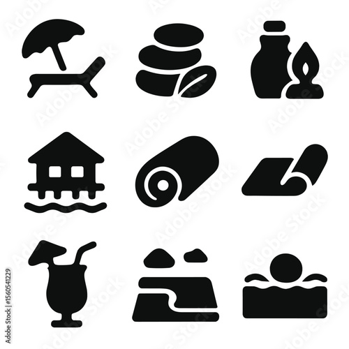 Island Resort Icons. Solid, filled icon set of island resorts and relaxation: beach lounger, spa stone, massage oil, pool,