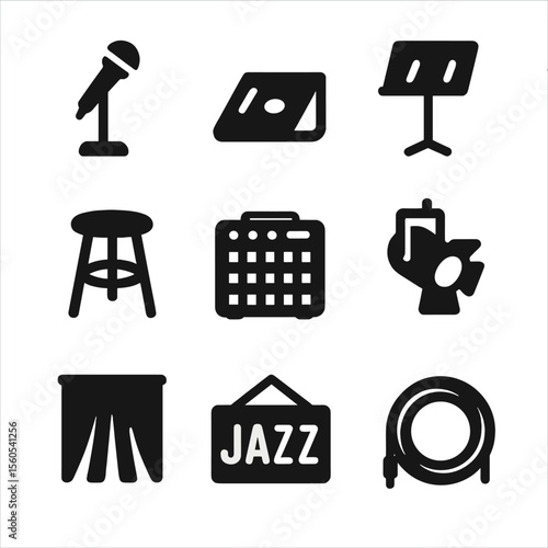 Jazz Stage Icons. Solid, filled icon set of jazz stage setup: microphone stand, stage monitor, music stand, stool, amplifier,