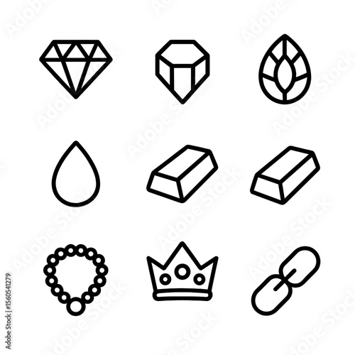 Jewel and Metal Icons. Outline icon set of precious jewels and metals found: diamond gem, ruby stone, emerald leaf-cut, sapphire